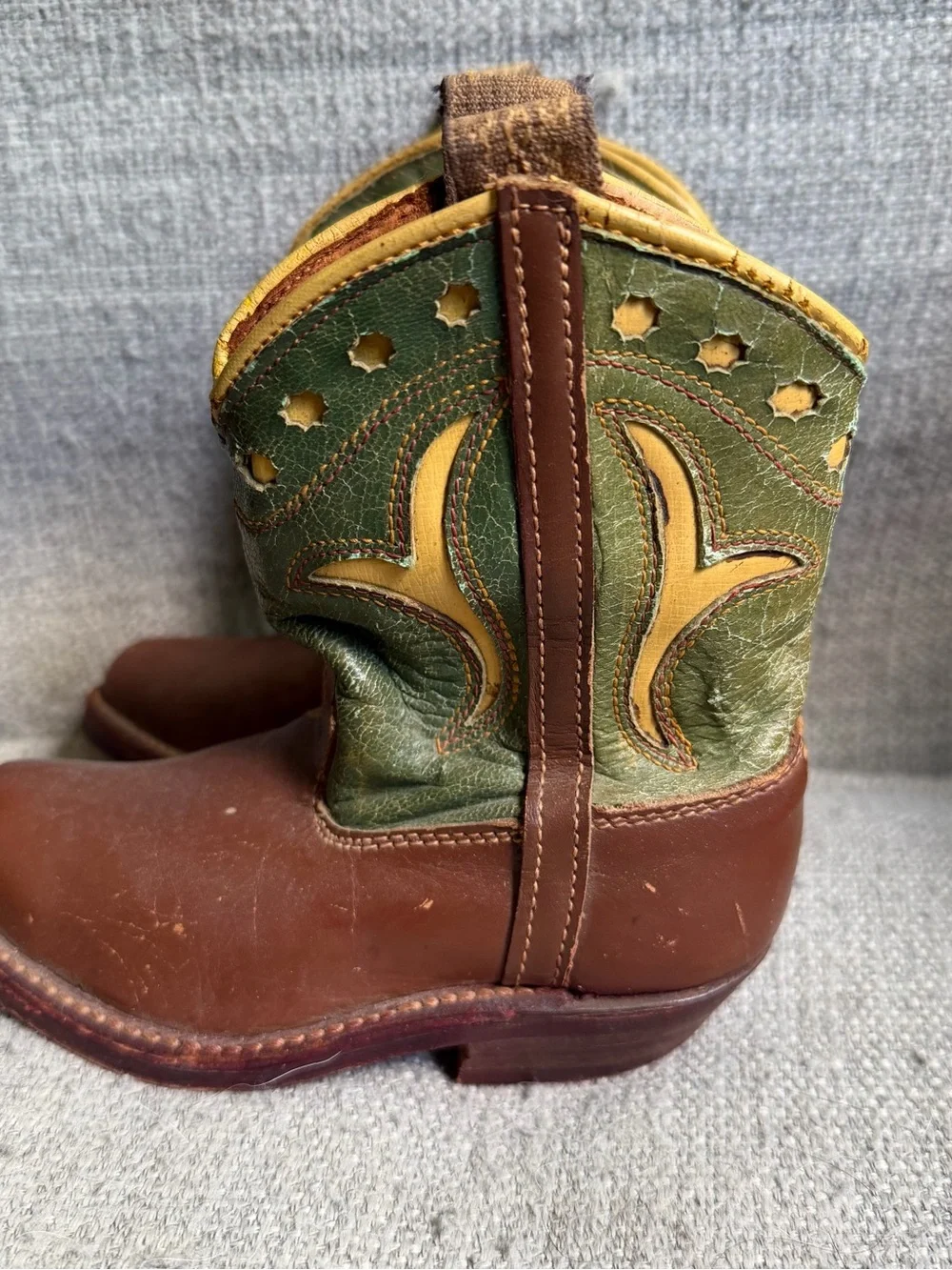 Vintage 1950s Tom Mix Kids Brown and Green Western Cowboy Boots